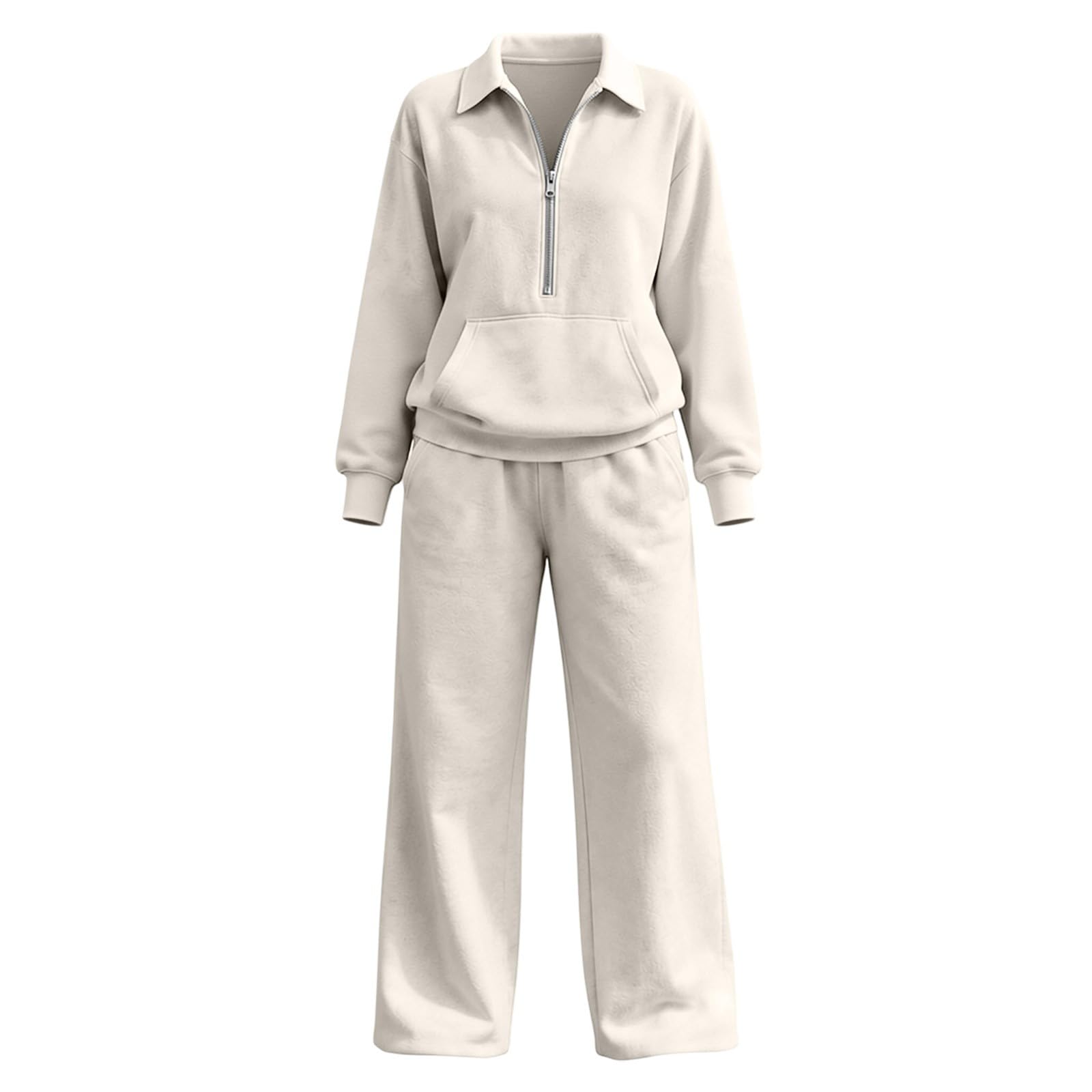 Tuta da donna, set completo con felpa a mezza zip, pantaloni da jogging a gamba larga, 2 pezzi, in pile sottile, caldo, con colletto con risvolto, set casual allentato per palestra, allenamento
