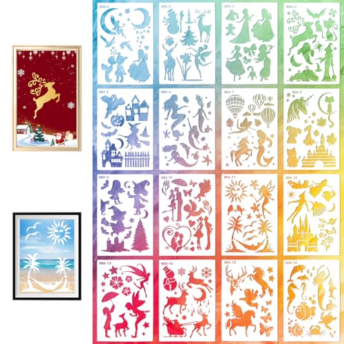 16 Piezas Plantillas Stencil para Niños, Plantillas Reutilizables y Decorativas, DIY Impermeable de Pintura en Mueble Tablón