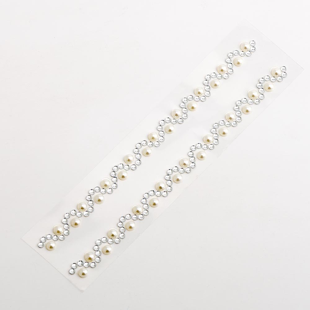 5.5cm Diamante & Pearl Wavy Line Border Trim - Self Adhesive Diamante Rhinestone and Pearl Gem Craft Sticker (2 Pieces)