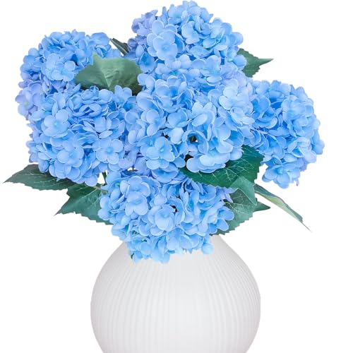 LA.PONEE 6PCS Premium Blue Silk Hydrangea Artificial Flowers Bouquets - Realistic Fake Hydrangea with Stems, Faux Flower Arrangement for Home Wedding Party Baby Shower Table Centerpieces Decoration