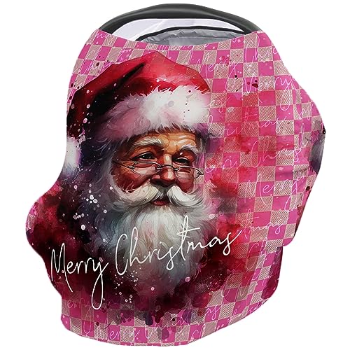 Nursing Cover for Breastfeeding Scarf, Santa Claus Merry Christmas Pink Plaid Baby Car Covers Super Soft Multi Use for Canopy Shopping Cart Cover Blanket Stroller Cover