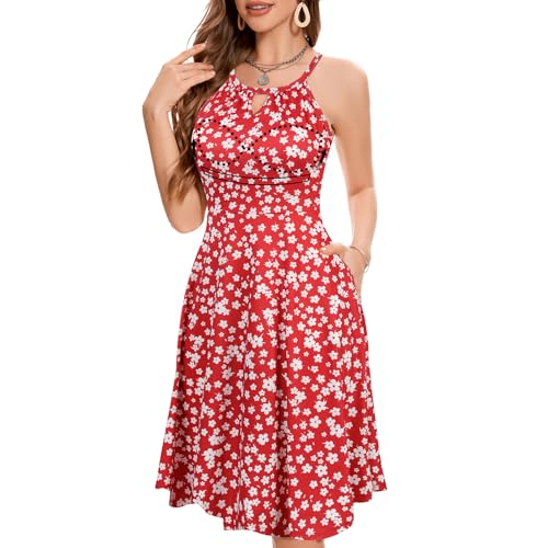 Image of JOYSHAPER Built in Bra Summer Dress Casual Beach Sundress Flowy Halter Dress with Pockets