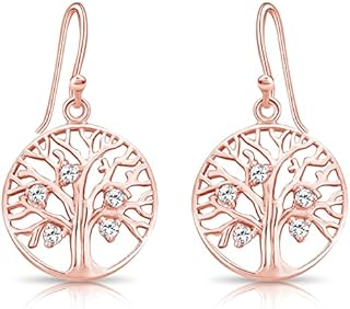 DTPsilver® 925 Sterling Silver, Yellow or Rose Gold Plated Drop/Dangle Hook Tree of Life & Cubic Zirconia CZ Earrings - Diameter: 17 mm - Dimensions: 17 x 32 mm