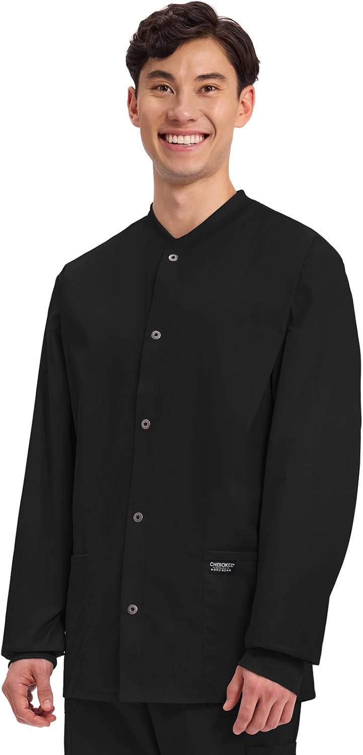 Cherokee Men’s Scrub Jacket Snap Front Medical with 3 Pockets, Knit Cuffs, Soft Fade Resistant 2-Way Stretch - WW360 - Image 2