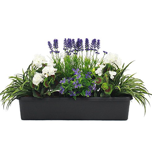 Artificial Mixed Flower Window Box Trough Container with Yucca, Geraniums, Starflower and Lavender - Outdoor and Indoor Use - Colourful and Realistic (White)