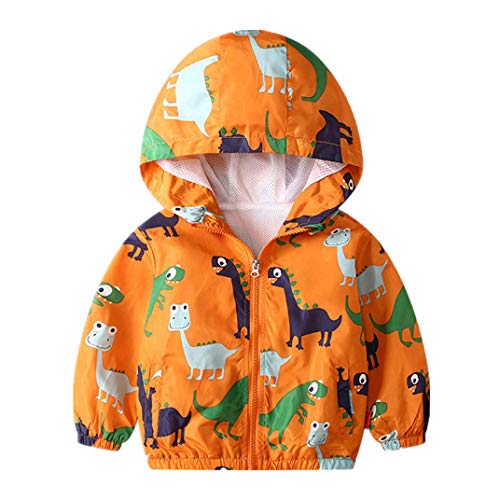 Toddler Boys Girls Hooded Zip Windbreaker Jacket Windproof Coat Kids Spring Fall Lightweight Windbreaker Outerwear (18-24 Months, Orange Dinosaur)