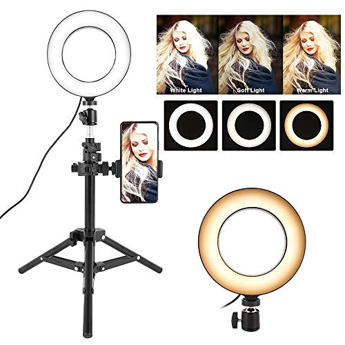babytowns Anillo de Luz LED para Movil, 2700-6500K Temperatura de Color,3 Modos de Luz Brillo Regulable Protección de Ojos,Trípode,Clip para Movil y Camara,6 Pulgadas (160cm)