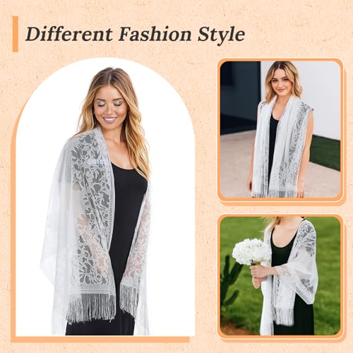 White Shawl for Women, Sheer Floral Lace Shawl with Tassels, Mesh Wedding Formal Evening Party Dresses4
