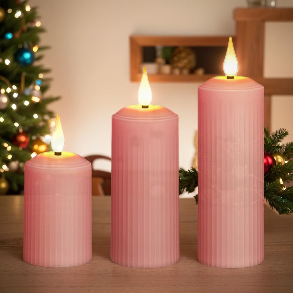 3Pcs Flickering Flameless Romantic Pillar Candle with Remote Control USB