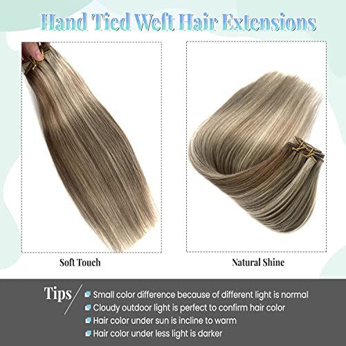 Image of Sew in Hair Extensions Real Human Hair, 16 Inch 100G Weft Hair Extensions Human Hair, Ash Brown and Blonde Balayage Ash Blonde Highlights Hand Tied Weft Hair Extensions Human Hair Weave Bundles