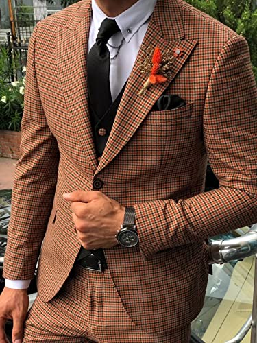 Wangyue Men's Vintage Plaid Suit Slim Fit 3 Piece Suits Jacket Vest Pants for Wedding Prom3