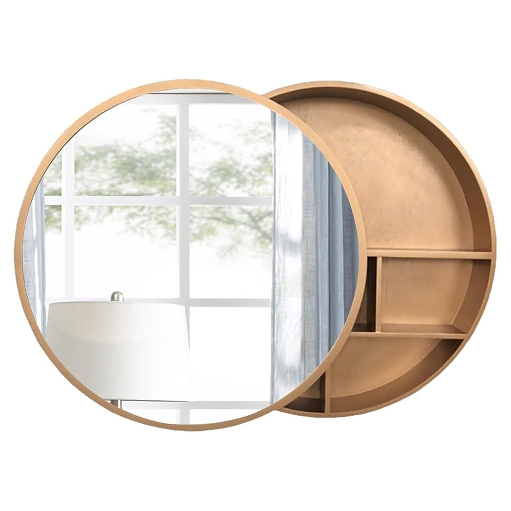 Easnuroz 60/70cm Bathroom Mirror Cabinet Sliding Bathroom Wall Mounted Mirror Cabinet Round Wall Solid Wood Large Furniture Storage Mirror(Gold,60cm/23.6in)