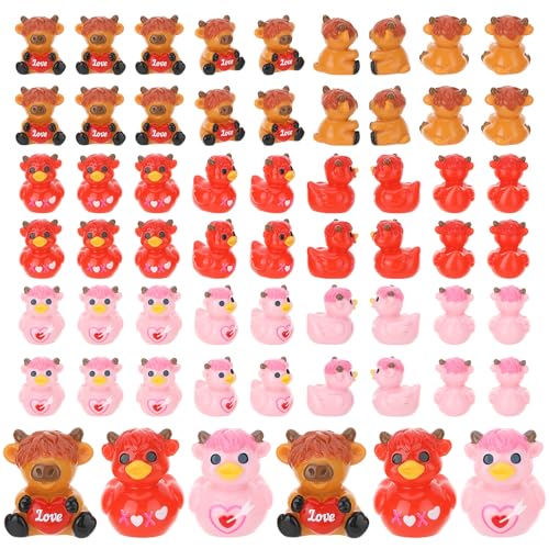 GGSTDDUP 60 Pcs Mini Resin Highland Cow Valentine's Day Mini Highland Cows Ducks Tiny Resin Figurines Sculpture Ornaments for Desktop Moss Landscape Vase Cake Decor Party Favors