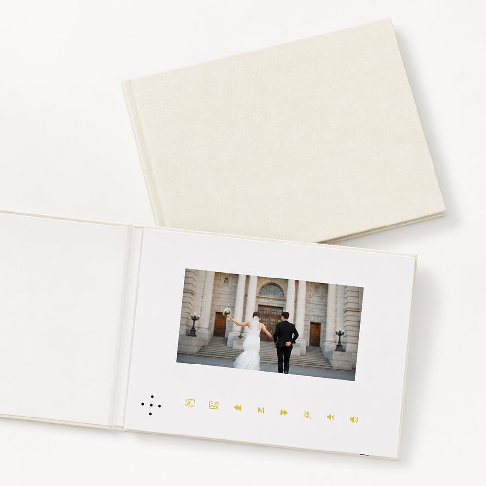 Livre photo et vidéo en lin de luxe, écran IPS de 5", mémoire de 4 Go, batterie rechargeable, jusqu'à 3 heures de stockage vidéo HD, parfait pour les mariages, anniversaires, anniversaires de mariage