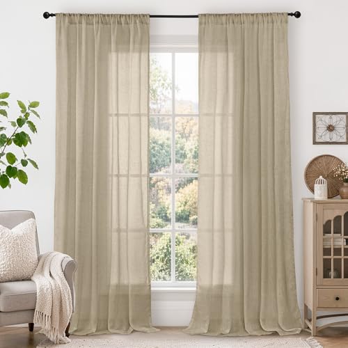 Image of BGment Camel Linen Sheer Curtains 84 Inches Long for Living Room 2 Panels | Light Filtering Textured Drapes with Rod Pocket Lightweight Window Treatments for Farmhouse Bedroom, 52 X 84 Inch
