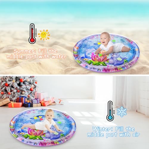 Aolso Wassermatte Baby, Runden Aufblasbare Spielmatten 100 x 100cm, befüllbar mit Wasser,BPA-frei Faltbar Wasserspielmatte,Baby Spielzeug 3 6 9 Monate - Siegel Stil (Blau)