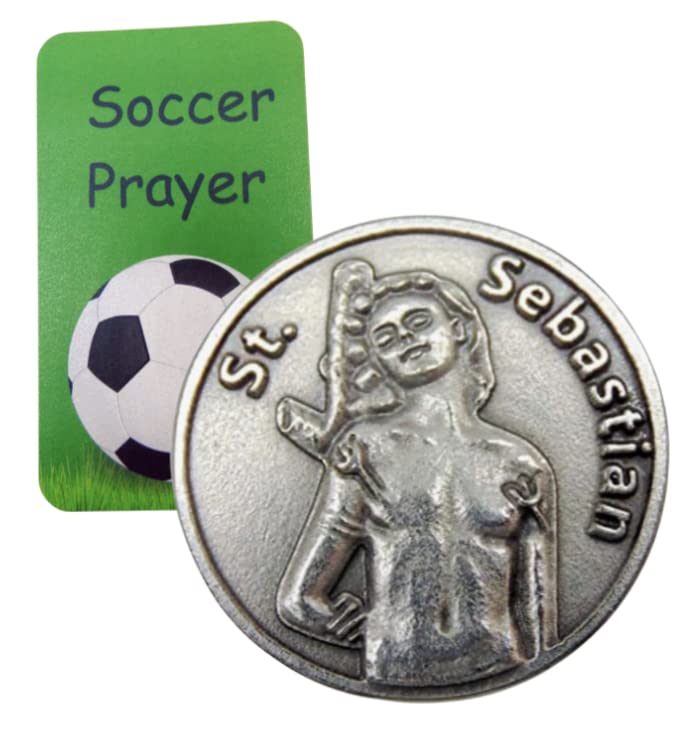 Westmon Works Saint Sebastian Soccer Token Set with Holy Card for Footballers and Metal Pocket Boys or Girls Sports Player Trinket Made in Italy