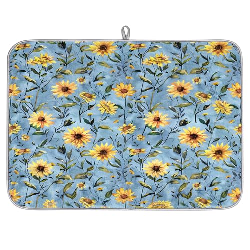 Hexteria Sunflower Large Dish Drying Mats for Kitchen Counter, Quick Dry Dish Mat 18 x 24 Inches, Dishes Draining Mats Foldable Dish Rack Pad, Sunflower