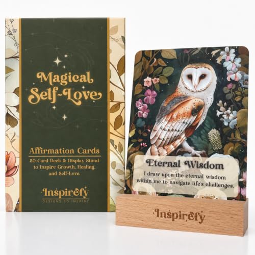 Magical Self-Love Affirmation Cards for Women, 50 Positive Daily Affirmations for Confidence & Mindfulness, Illustrated Self-Care Meditation Deck with Wooden Stand, Thoughtful Inspirational Gift