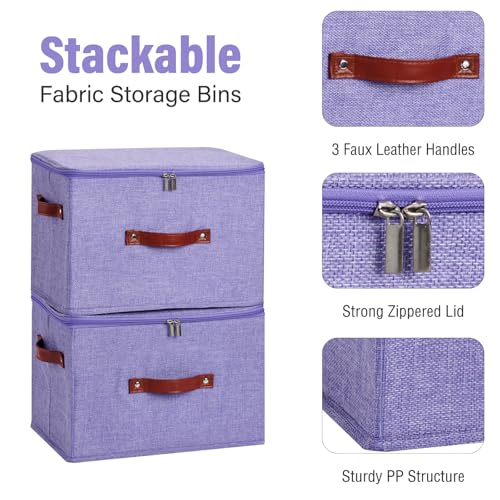 Image of Storage Bin Box with Zippered Lid Cotton Linen Fabric Decorative Basket with PU Leather Handles PP Plastic Board Foldable Lidded Clothing Shelf Closet Organizer Container (Purple, Large)