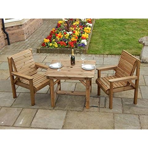 WOODEN GARDEN FURNITURE PATIO SET 2 CHAIRS AND 3 FOOT SQUARE TABLE NEW DELIVERED ASEMBLED Cover