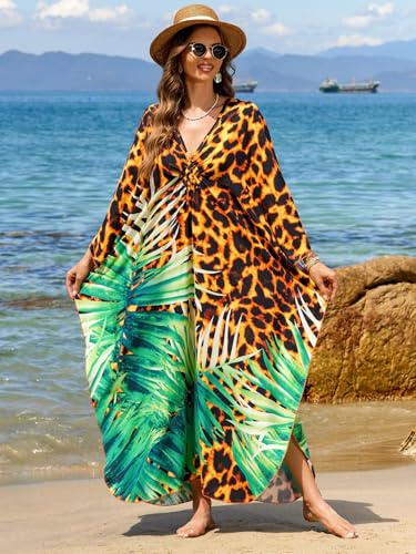 Image of IMAGEKOPE Women's Plus Size Animal Print V-Neck Batwing Kaftan Beach Dress Bathing Suit Cover-Up Loungewear