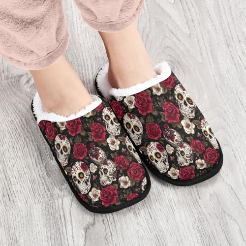 Retro Skull White Rose Slippers For Women Men Soft Memory Foam Non-Slip Halloween Winter Indoor House Shoes Travel Slipper4
