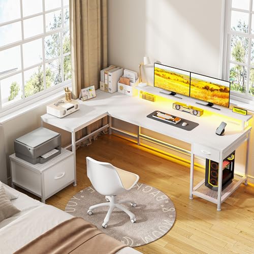 Image of DurayLoly 63 inch L Shaped Desk with 2 Drawers and Printer Stand,Bedroom,White | Large Computer Desk with Led Lights & Power Outlets,Monitor Stand and Storage Shelves,Corner Desk,Gaming, Work, Home Office