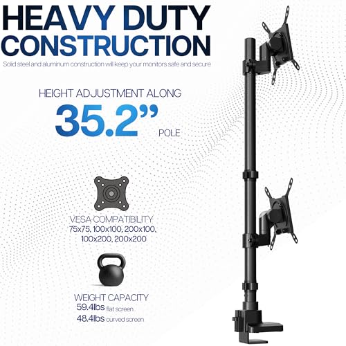 Image of VIVO Dual Vertically Stacked Ultra-Wide Monitor Desk Mount for up to 57 inch Screens, Heavy Duty Adjustable Stand for 2 Ultrawides, 59.4 lbs Capacity, Black, STAND-V257R