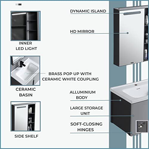 Image of Plantex Aluminum Bathroom Vanity Cabinet Set /LED Light Glass Mirror Cabinet /Ceramic Basin for Bathroom - Wall Mount (Grey)