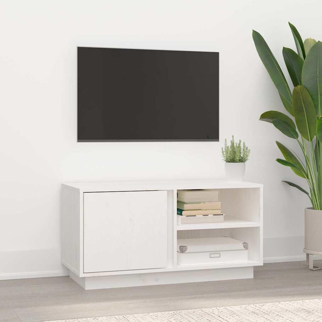 Biała szafka pod telewizor z litego drewna sosnowego, 80 x 35 x 40,5 cm, z miejscem do przechowywania, 3 półki i drzwiami, szafka do salonu na stolik pod telewizor, szafka pod telewizor