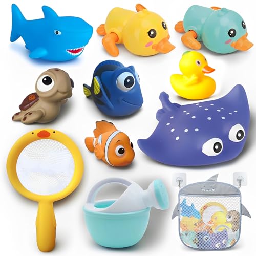 Image of Bath Toys for Kids Ages 1-3, No Hole Bath Toys for Babies 6-12 Months, Wind-up Ducks Baby Pool Toys, Rubber Duck Watering Can Fishing Net Water Toys for Toddlers, Bath Toy Storage, Halloween Toy
