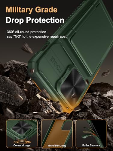 Image of Vihibii for iPhone 14 Pro Max Back Cover with Card Holder (4 Cards) [RFID Blocking] & Slide Camera Cover, Military Grade Drop Protection, Rugged Hard Back & Silicone Edge Wallet Phone Case 6.7 inch, Green