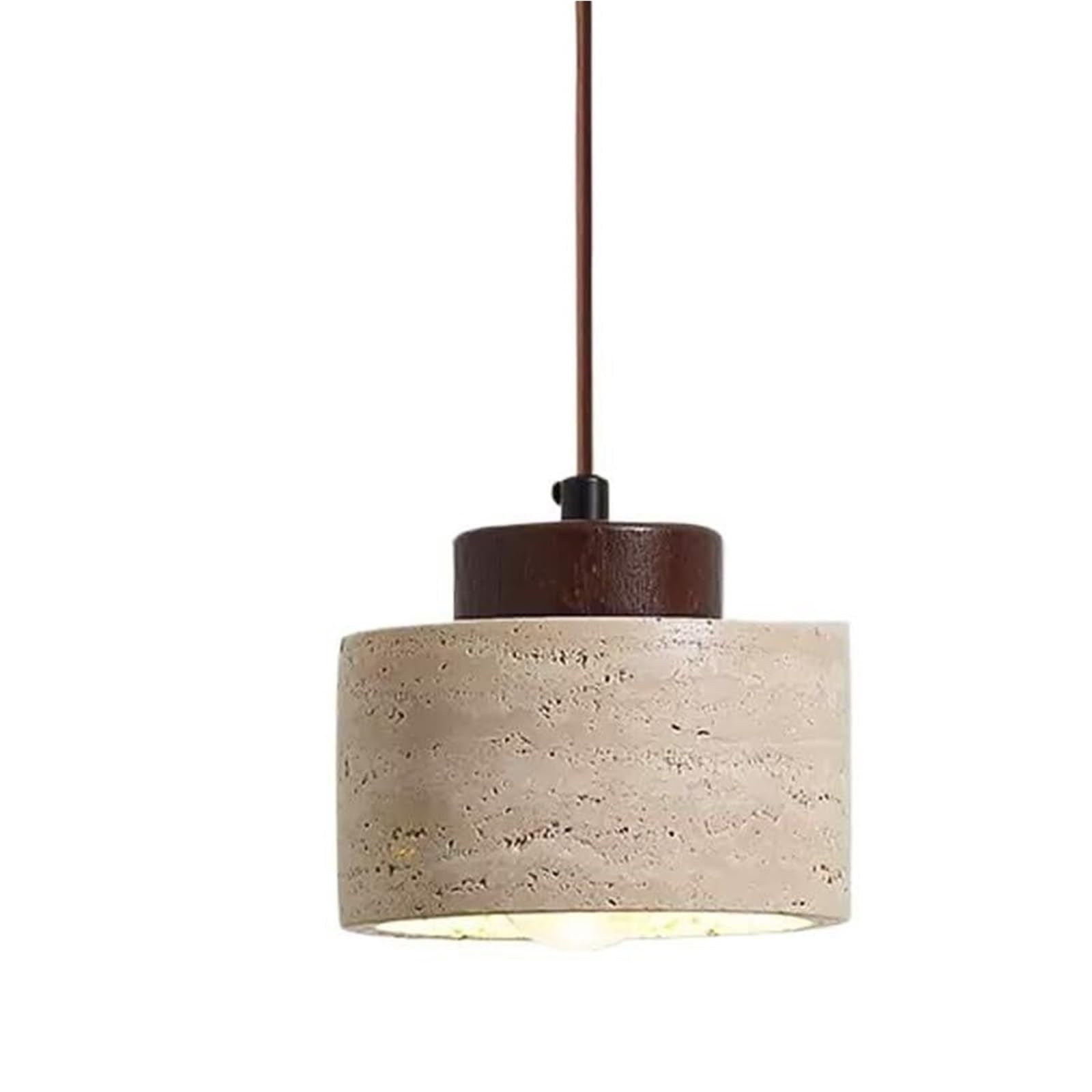 HELCEKOU Nordic Natural Stone Pendant Light Cylinder Small Mid Century Modern Hanging Ceiling Rustic Wood Industrial Chandelier For Dining Room Table Kitchen Island Farmhouse Bedroom(Walnut Short)