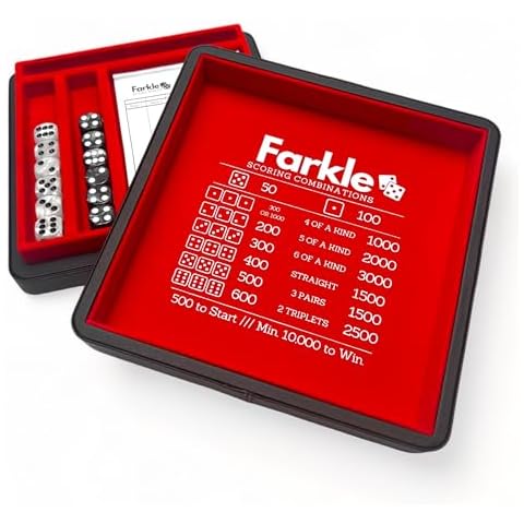 Luck Lab Farkle Dice Tray and Storage Case - Includes Embedded Scoring Combinations, 2 Sets of 6 Pearl Dice, 40 Sheet Score Pad and Pen Holder for The Classic Family Game (Red) Cover