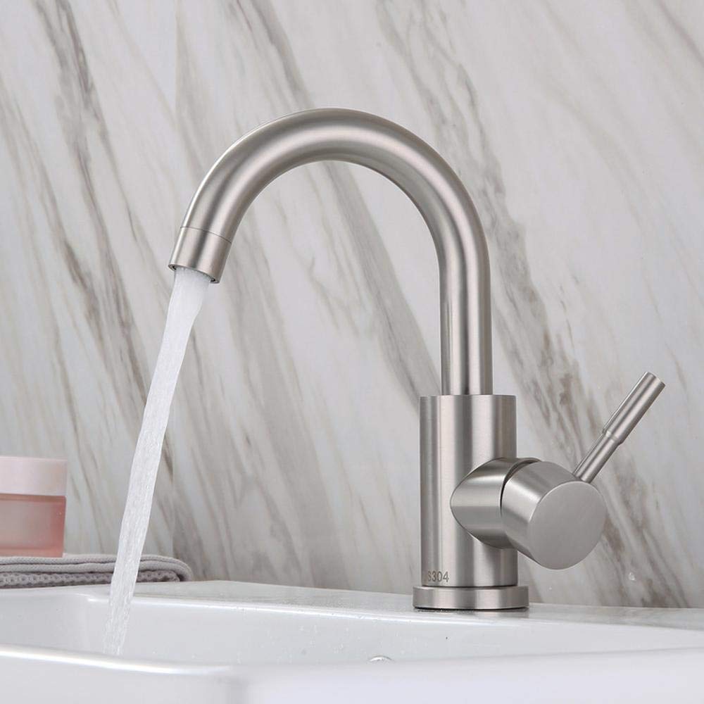 Grifo de cocina de acero inoxidable con caño C de 165 mm, grifo de baja presión, mezclador de agua caliente y fría, monomando para lavabo (cromado)