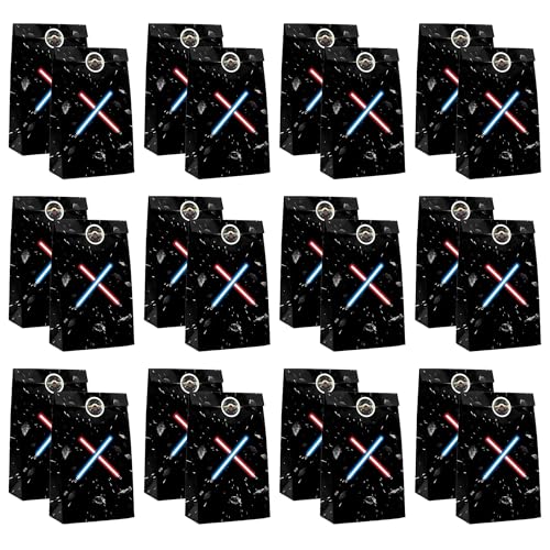FestiVex 24 Pack Space Themed Goodie Bags with 30 Matching Stickers Black Galaxy Party Favor Bags for Birthday Party Baby Shower Candy Treats and Small Gifts(24)