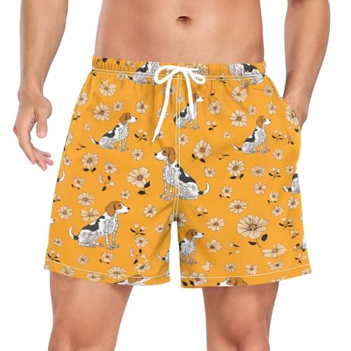 Beagle Daisy Flowers Print Men's Swim Trunks with Liner Quick Dry Beach Shorts Swimwear Bathing Suit S-XXL