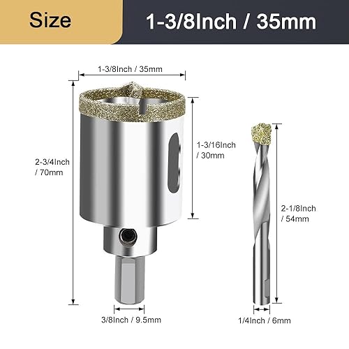 Miniatura 2 de ASNOMY Sierra de agujero de diamante de 1-38 pulgadas con broca piloto, sierra de agujero recubierta de punta de diamante con broca guía para