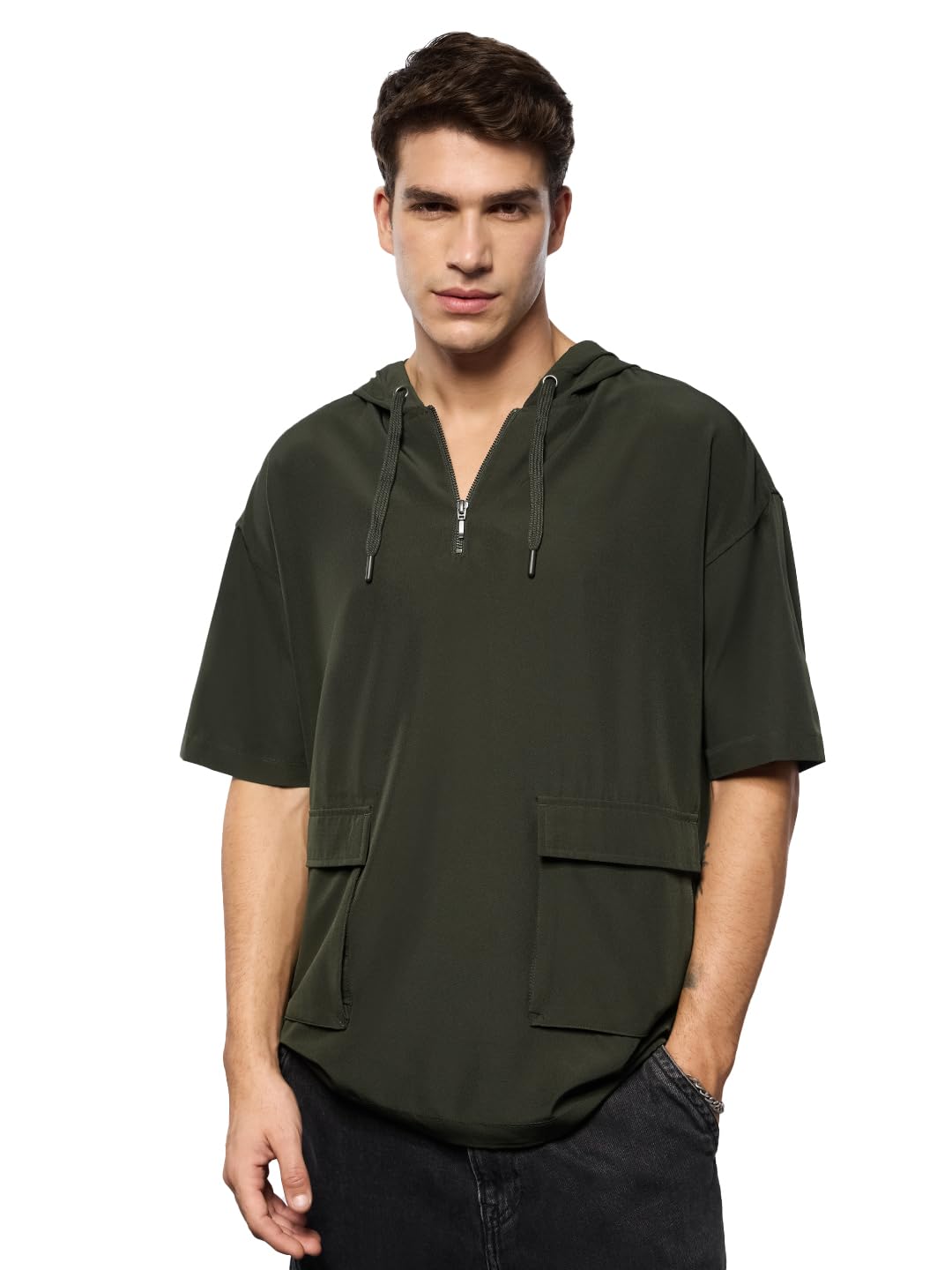 Hooded T-Shirt: Olive Men and Boys Short Sleeves Hooded Neck Green Solid Cotton Oversized Fit Dual Front Flap Pockets Lightweight All-Season Comfortable T-Shirt-image-37