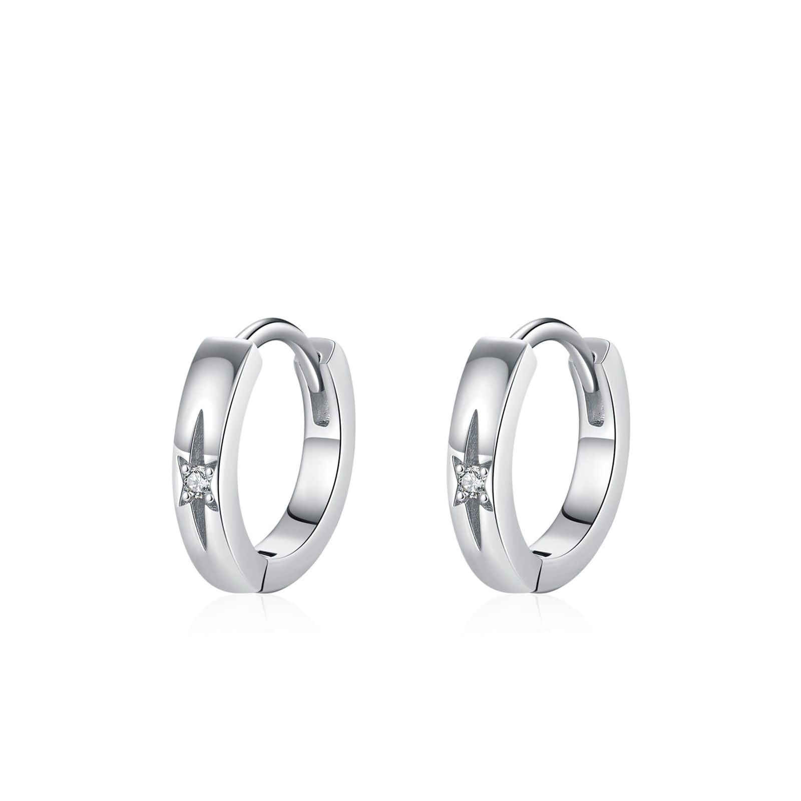 Pendientes de aro pequeños de oro real de 18 quilates para mujer, moissanita blanca, oro blanco de 9 K, 14 y 18 quilates, para uso diario, para mujer, ajuste de estrella