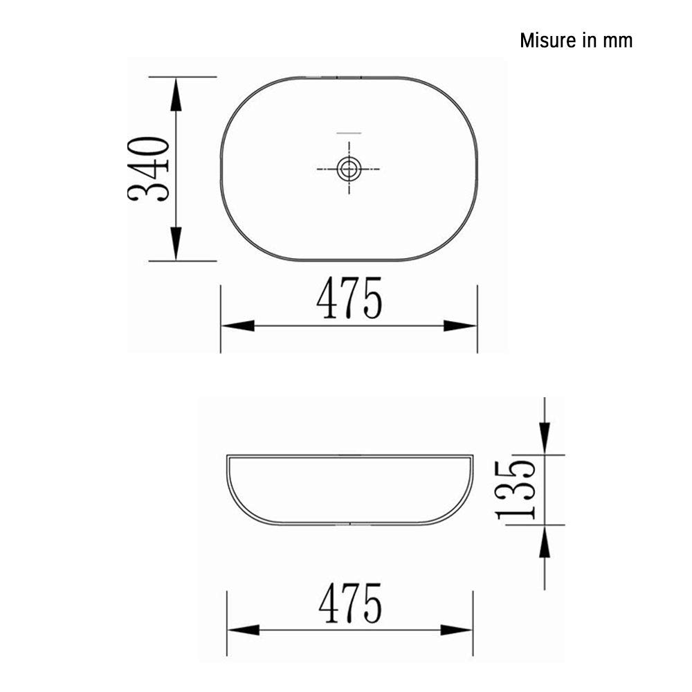 Inbagno Lavabo d' Appoggio Ovale in Ceramica, 47,5 x 34 x h.13,5, Finitura Bianco Lucido