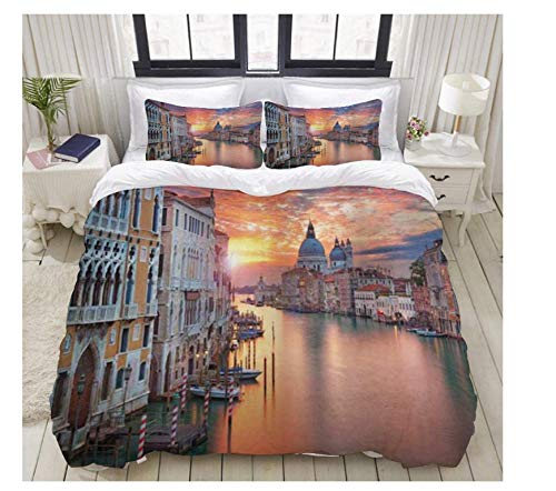QDDRL Bettbezug Bettwäscheset Set 3 Teilig 240x220 cm Hafenstadt Venedig 3D Gedruckt Kinder Junge Bettbezug Set Super Weiche Mikrofaser Bettbezug mit Kissenbezug Reißverschluss Einfache Pflege Cover