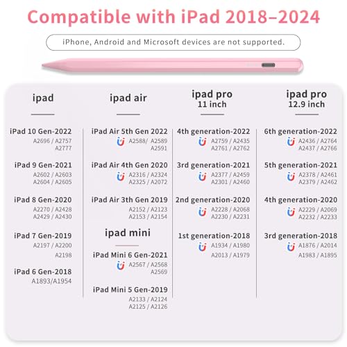 Image of HZD Apple Pencil for iPad 2025-2018 Faster Charge Stylus Pen, Pink | with Tilt Sensitivity & Palm Rejection & Magnetic Compatible iPad 11 /10 /9 /8 /7 /6, Pad Air 3 /4 /5, Pro 12.9 inch /11 inch,Mini 6 /5, M2 /M4