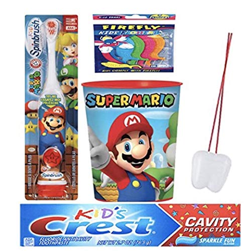 Super Mario Brothers "Gamer" 3pcs. Bright Smile Oral Hygiene Bundle! Turbo Powered Toothbrush, Crest Kids Sparkling Toothpaste & Mouthwash Rinse Cup! Plus Flossers & Tooth Necklace as Visual Aid!Â 
