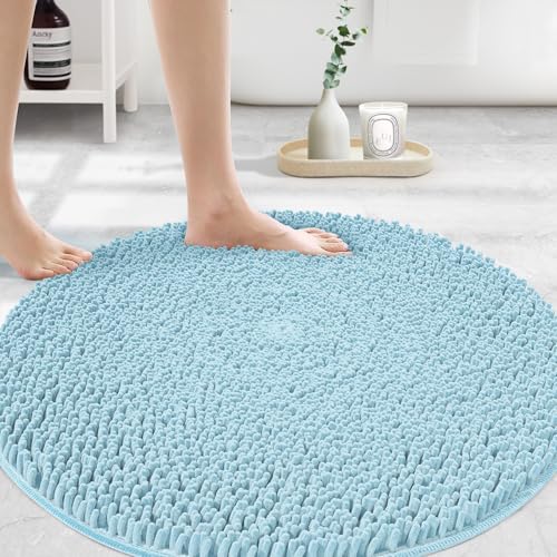 Image of Extra Large Round Area Rug Set for Bathroom 48 inchx48 inch Soft Plush Chenille Bath Mat, Water Absorbent Non-Slip Bathroom Rug | Washable Shag Carpet for Shower, Bedroom, or Home Decor | Spa Blue
