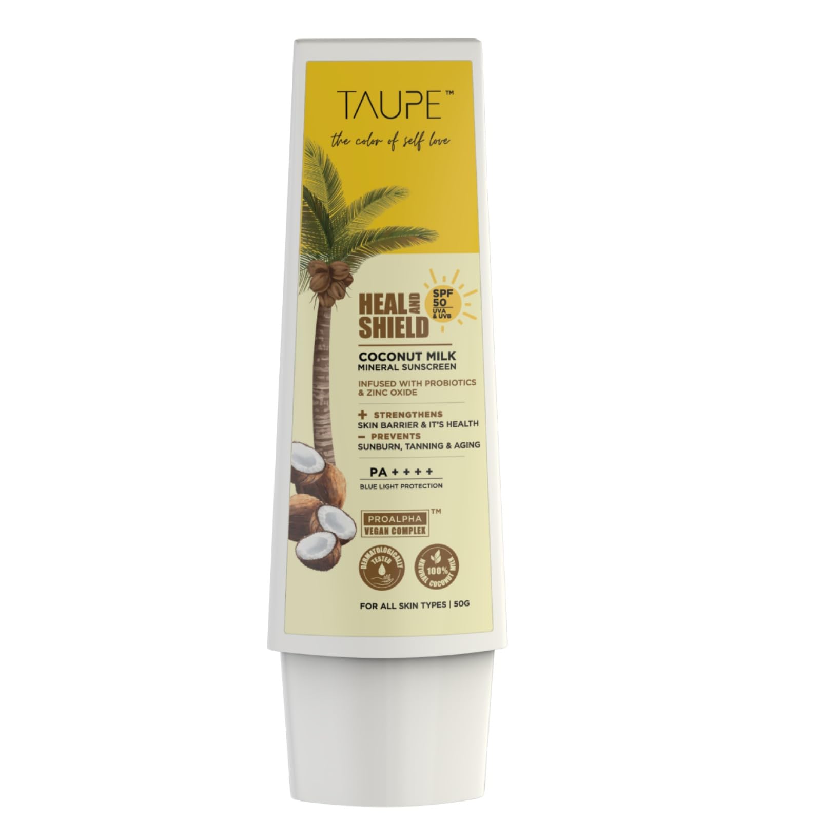 TAUPE Mineral Sunscreen SPF 50 PA++++ – 50ml | Lightweight, Non-Sticky Sun Cream for Oily & Combination Skin | Broad Spectrum UV & Blue Light Protection | No White Cast | Coconut Milk | Derma Tested