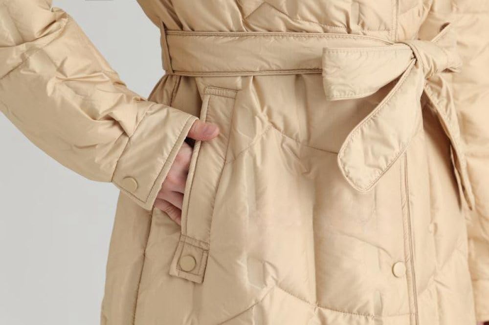 BrOleo Abrigo De Plumas con Capucha para Mujer Chaqueta Larga De Invierno,Chaqueta De Plumas Ligera con Cinturón Abrigo con Capucha Ropa De Abrigo Repelente Al Viento Regalos para Caminar Al Aire Li