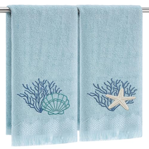 Breling 2 Pcs Summer Beach Hand Towels for Bathroom Blue Embroidered Ocean Coastal Fingertip Towels 13.8 x 29.5 Under The Sea Seashell Starfish Absorbent Kitchen Dishcloth for Bath Guest Gifts