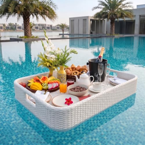 Image of BRISHI Luxury Floating Serving Tray | Swimming Pool Floats for Adults for Sandbars, Spas, Bath, and Parties | Floating Tray for Pool Serving Drinks, Brunch, Food on The Water (White).
